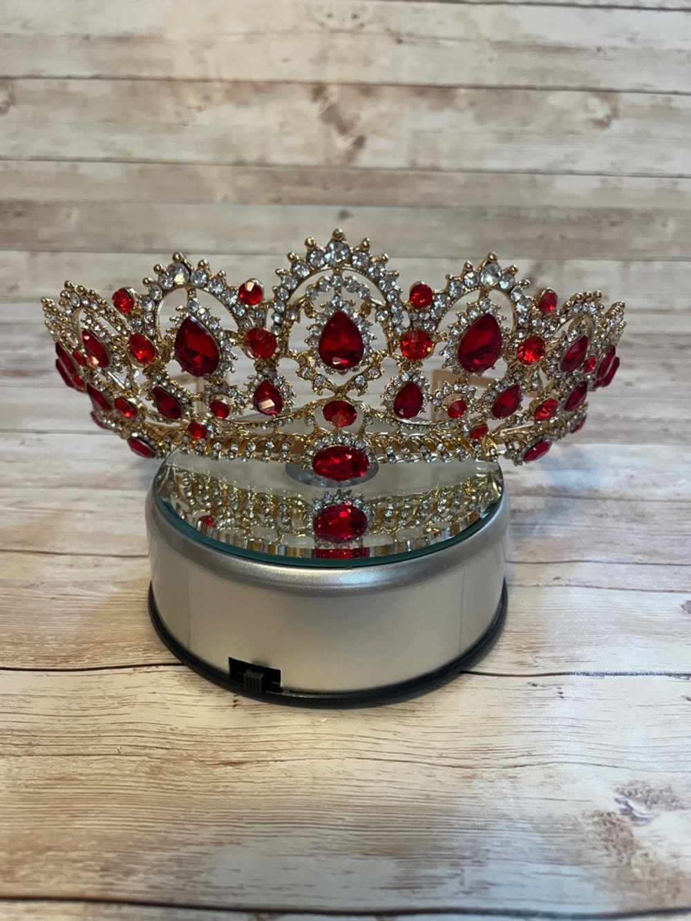 Gold Tiara Crown with Red Gemstones - Women's Pageant Accessory